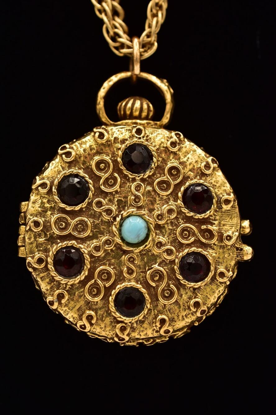 Goldette Vintage Locket Cabochon Trinket Necklace Multi-Chain Signed 1940s BinBN